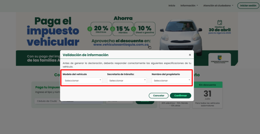seleccion de datos del carro para pago impuesto vehicular