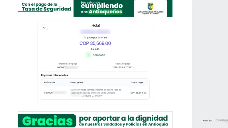 Confirmacion del pago en la web de la gobernacion de antioquia