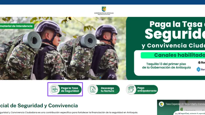 Enlace de pago de la tasa deseguridad de Antioquia
