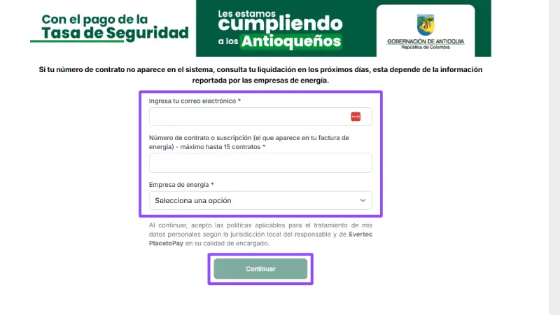 Formulario de ingreso al pago de impuesto de seguridad de la goberancion de antioquia