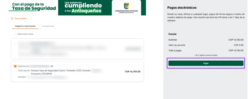 Listado de facturas a pagar de la tasa de seguridad