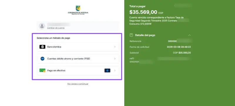 Métodos de pago de la tasa de seguridad para los antioquenos