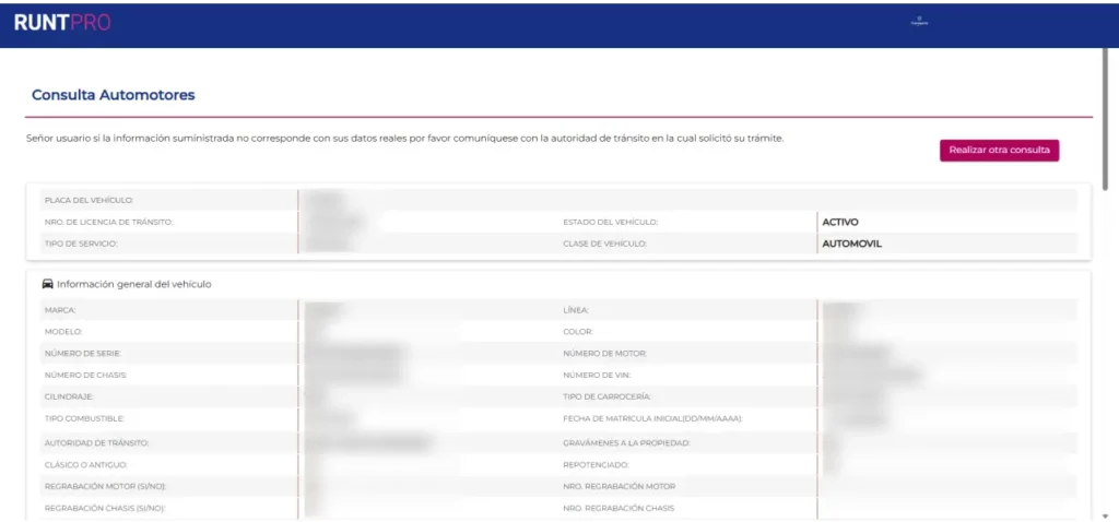 Datos principales del vehiculo en el runt
