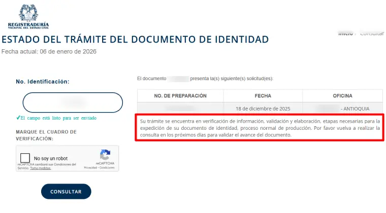 Estado del tramite de expedicion del documento de identidad