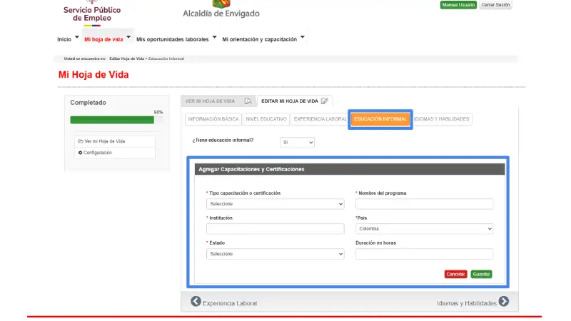 Hoja de vida - Educación Informal
