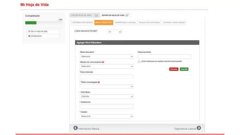 Hoja de vida - nivel educativo