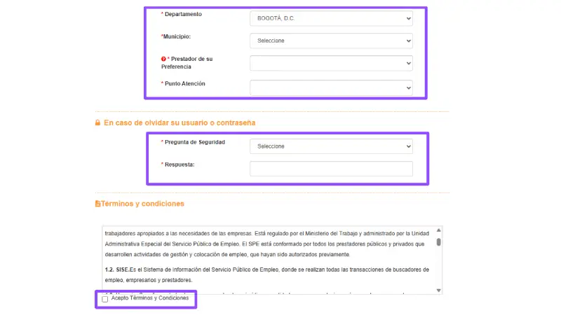 Informacion de residencia y aceptar terminos