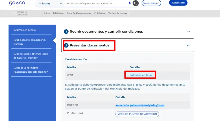 Ir a solicitud del Certificado en linea