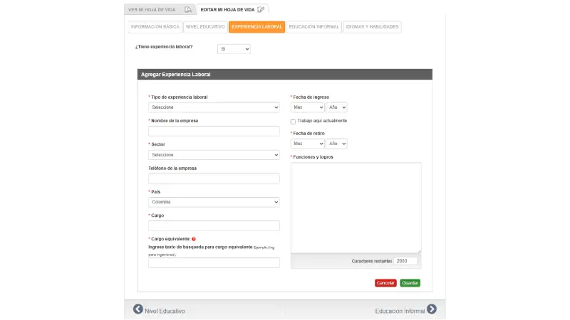 hoja de vida - experiencia laboral