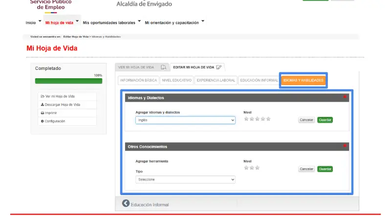 hoja de vida - idiomas y habilidades