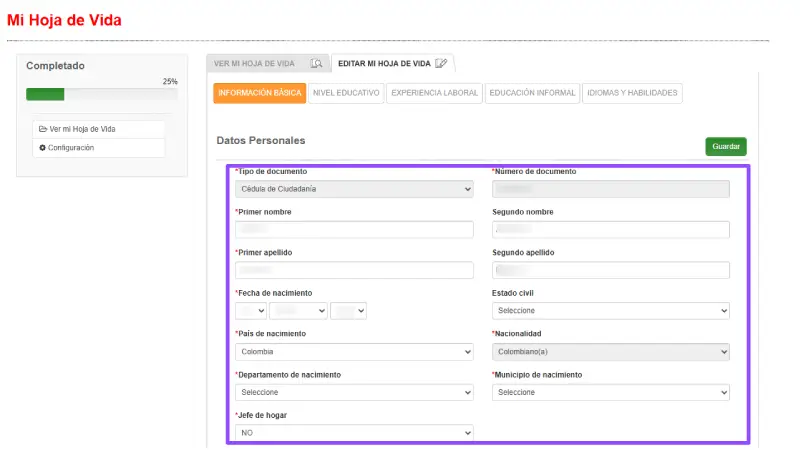 informacion basica de la hoja de vida
