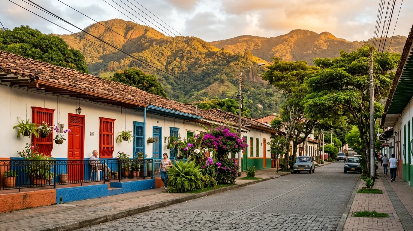 Calle tradicional arbolada del barrio Rosellón y El Dorado en Envigado con arquitectura obrera de mediados del siglo XX y montañas al fondo