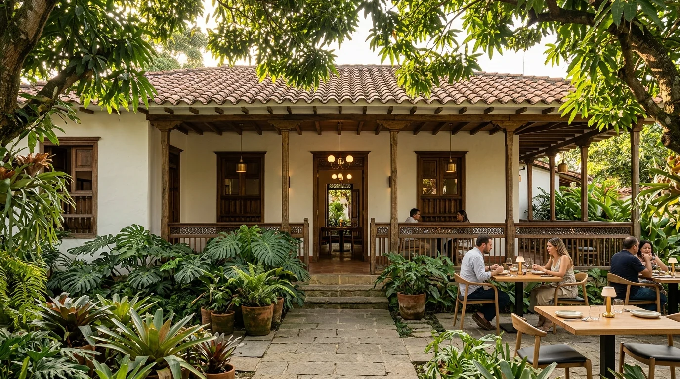 Casona tradicional envigadeña con amplio antejardín arbolado, corredor de chambrana y techo de teja de barro en los barrios Jardines y Mesa