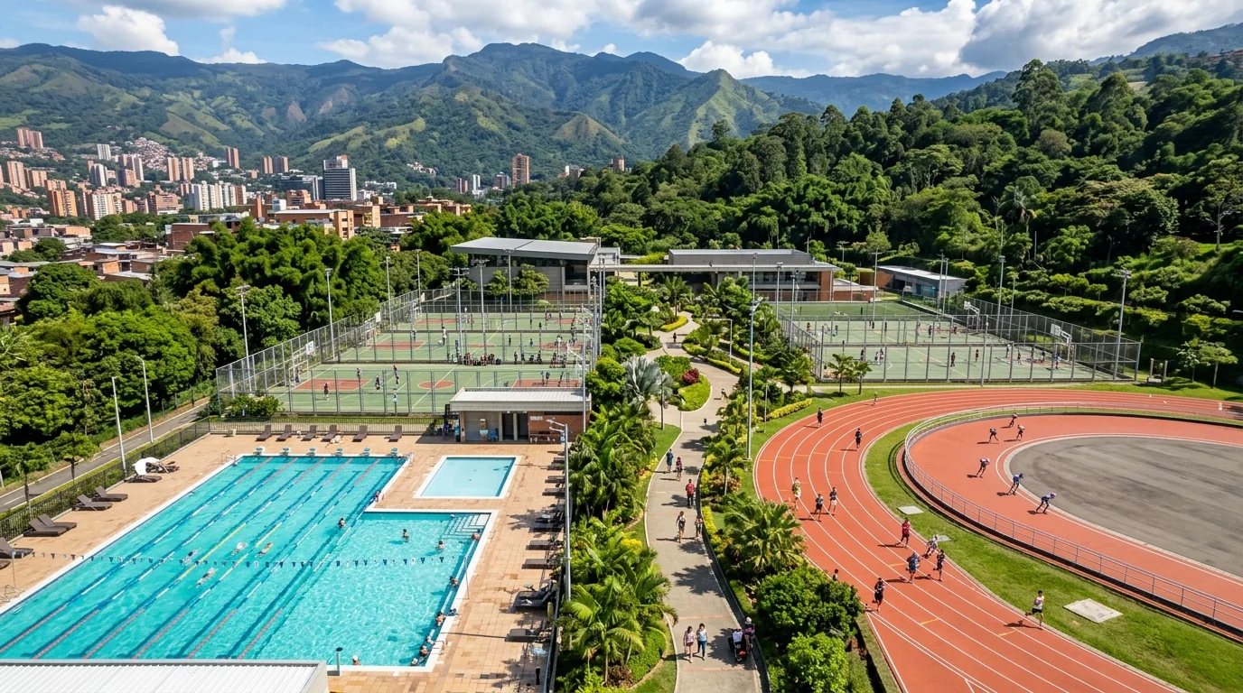 Vista aérea de las instalaciones deportivas, complejo acuático y pistas del Polideportivo Sur en Envigado