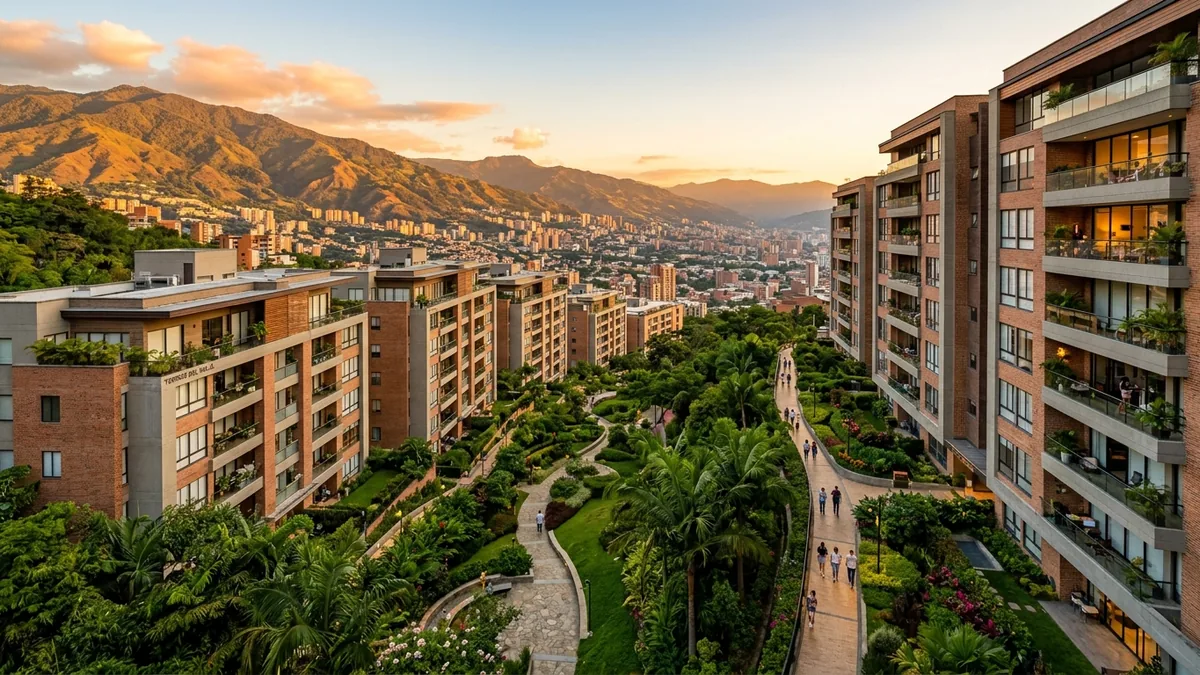 Vista panorámica de modernos conjuntos residenciales con zonas verdes en Envigado