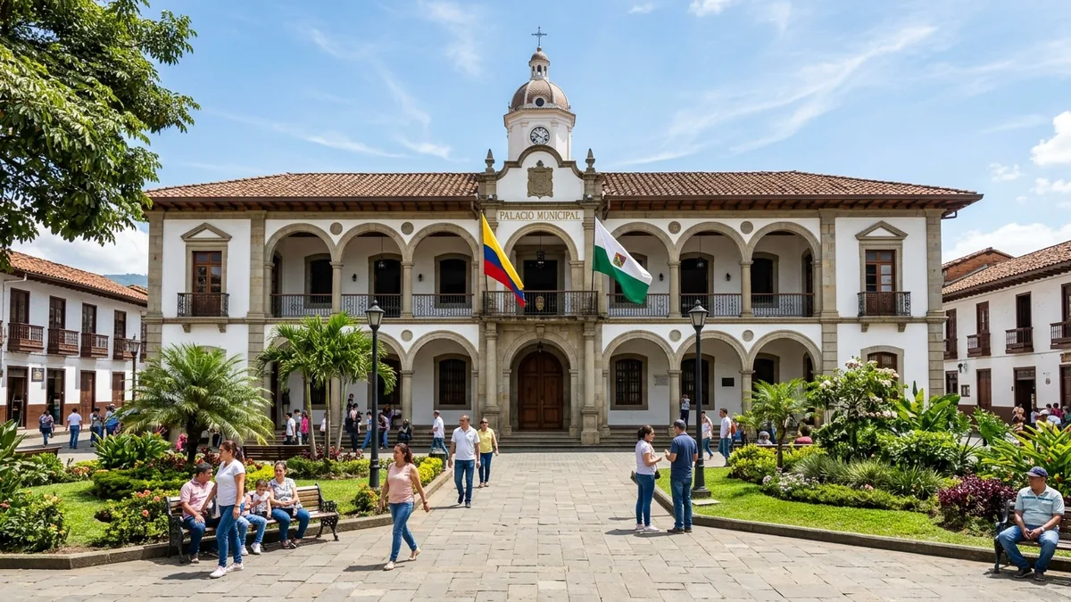 Fachada del Palacio Municipal de la Alcaldía de Envigado frente al Parque Principal