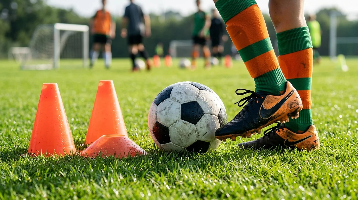 Primer plano de balón de fútbol y botines de entrenamiento de un jugador juvenil con medias naranjas y verdes en la cantera de Envigado