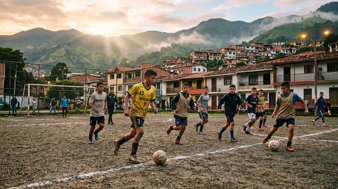 Jóvenes futbolistas entrenando al amanecer en la histórica cancha del barrio El Dorado en Envigado rodeada de casas tradicionales
