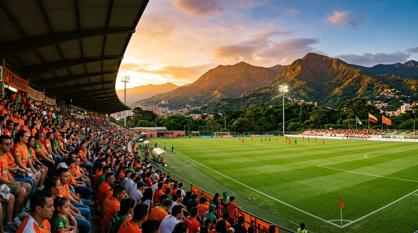 Vista panorámica al atardecer del Estadio Polideportivo Sur de Envigado con gramado natural, tribuna occidental y montañas del Valle de Aburrá