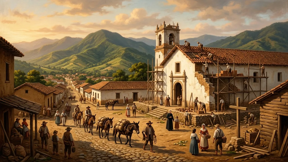 Ilustración histórica de la época fundacional de Envigado y construcción del templo de Santa Gertrudis