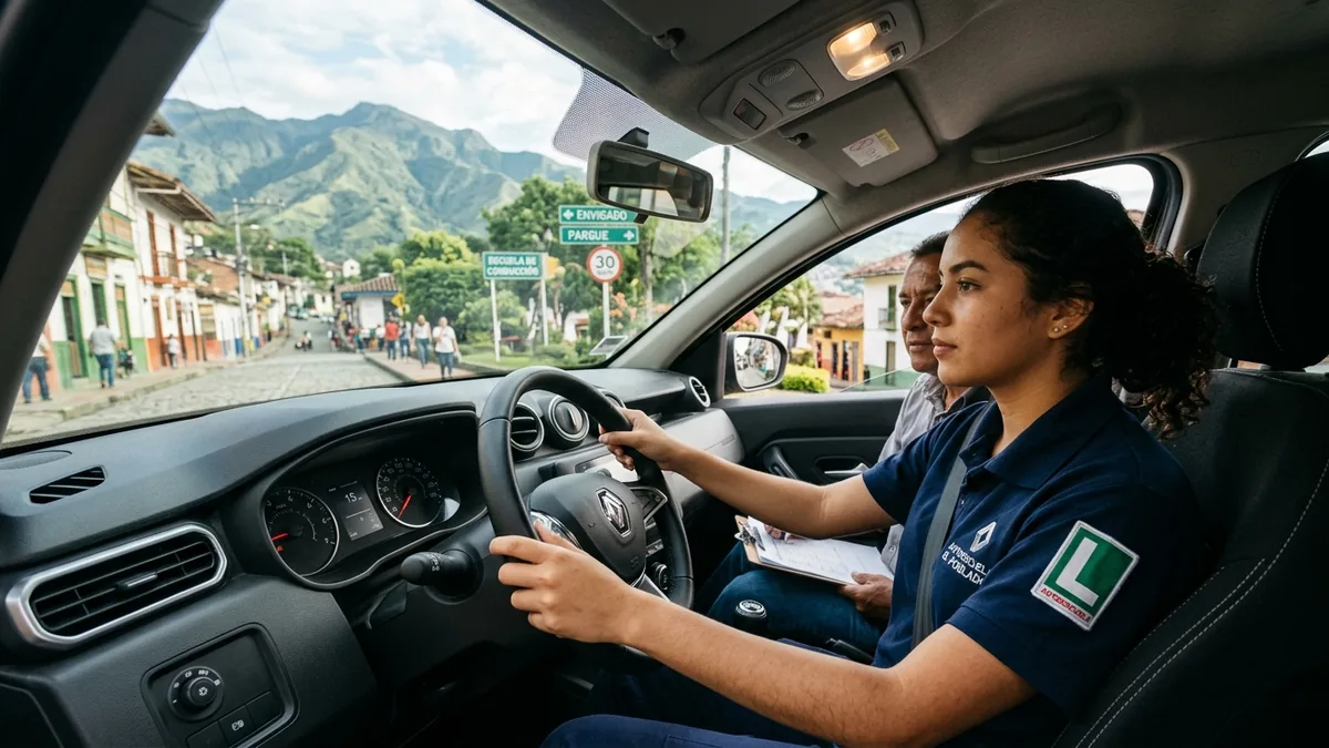 Persona aprendiendo a conducir en vehículo por calles de Envigado para expedir la licencia de conducción