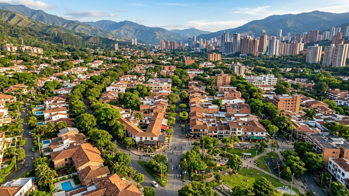 Panorámica residencial de los barrios de Envigado combinando edificios modernos, casas tradicionales y arborización urbana