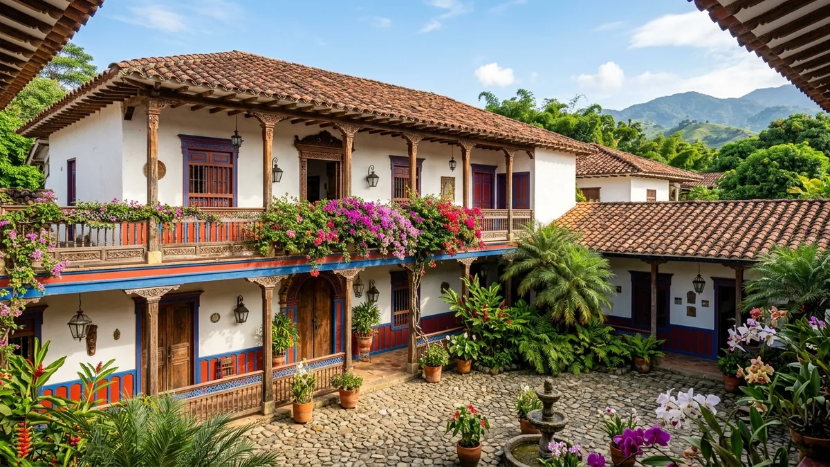 Casona colonial tradicional con zócalos coloridos y patio empedrado en Envigado