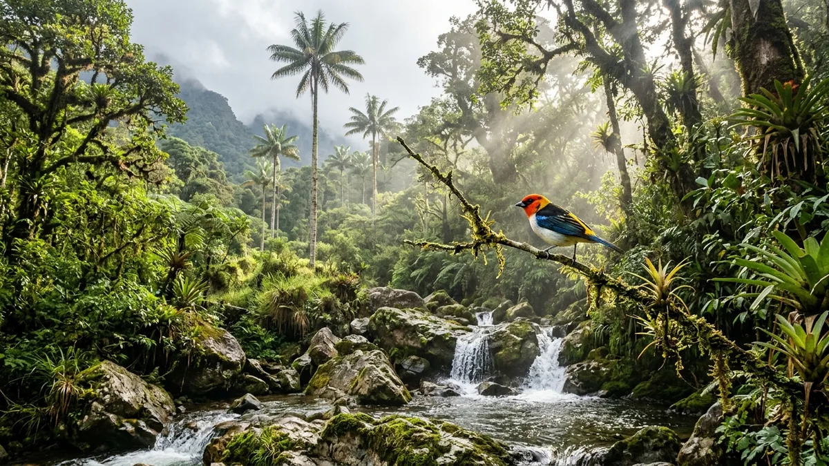 Cacique candela en bosque de niebla y cascada natural en área protegida de Envigado