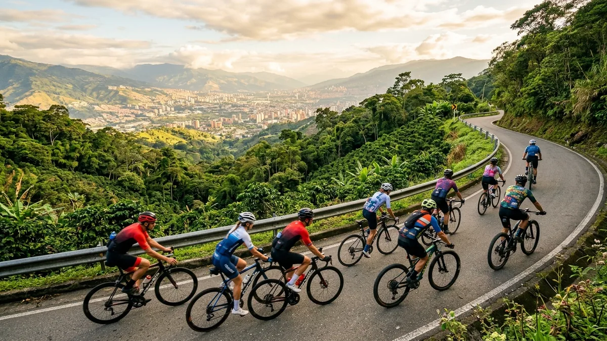 Grupo de ciclistas ascendiendo por las montañas de Arenales con vista panorámica a Envigado
